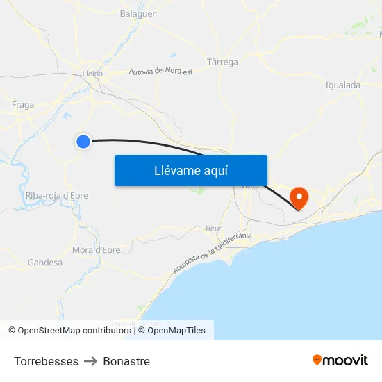 Torrebesses to Bonastre map