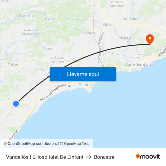 Vandellòs I L'Hospitalet De L'Infant to Bonastre map