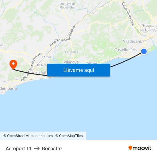 Aeroport T1 to Bonastre map