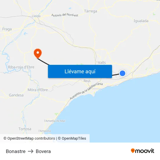 Bonastre to Bovera map