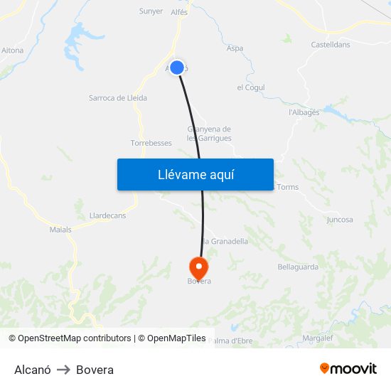 Alcanó to Bovera map