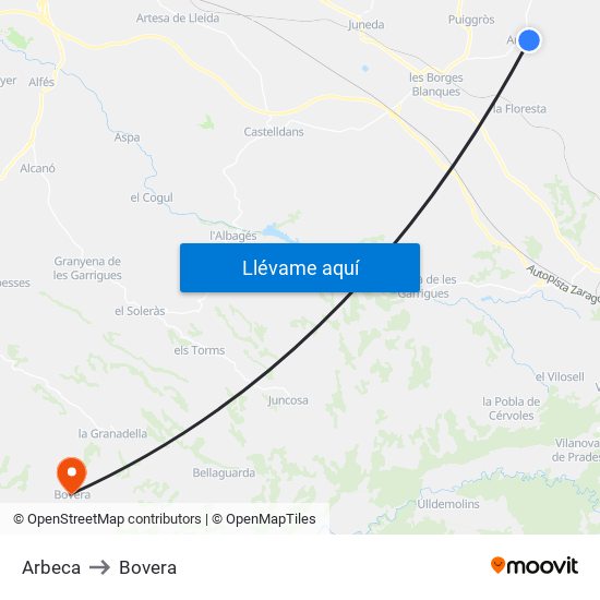 Arbeca to Bovera map