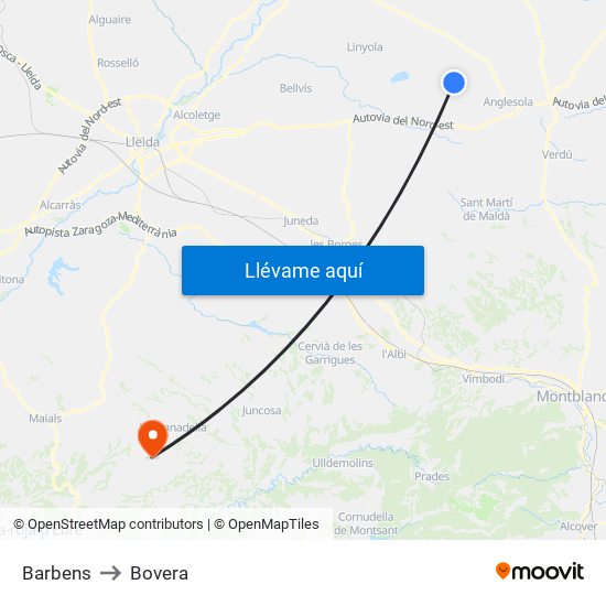 Barbens to Bovera map
