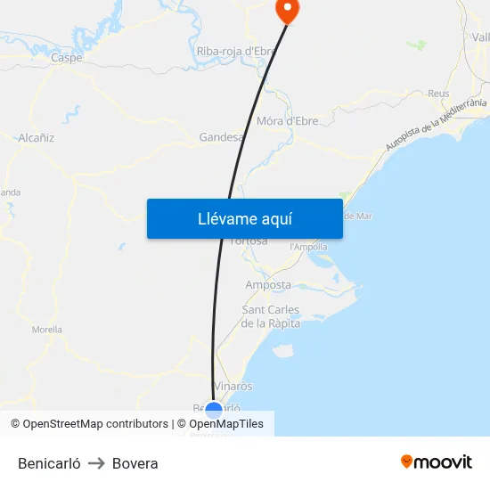 Benicarló to Bovera map