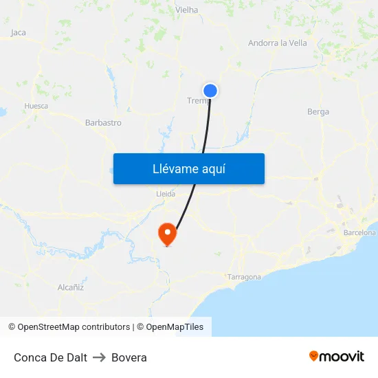Conca De Dalt to Bovera map
