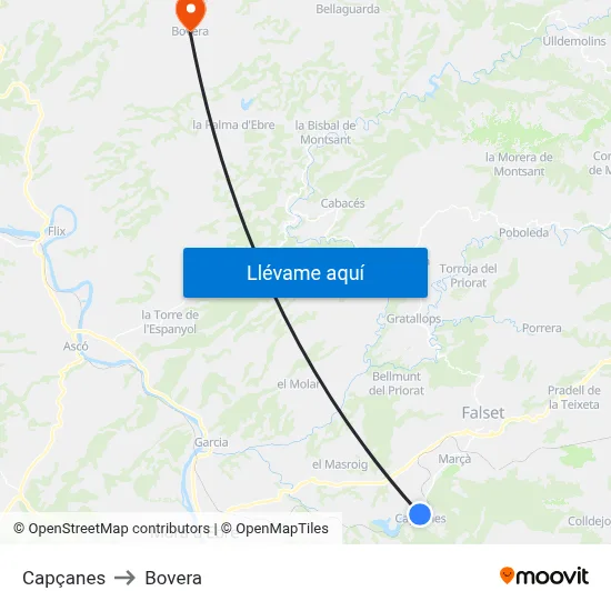 Capçanes to Bovera map