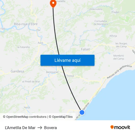L'Ametlla De Mar to Bovera map