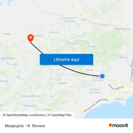 Maspujols to Bovera map
