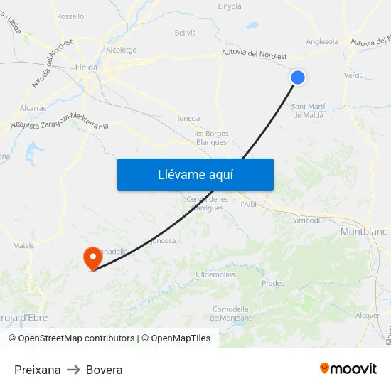 Preixana to Bovera map