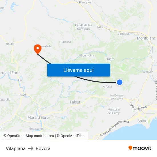 Vilaplana to Bovera map