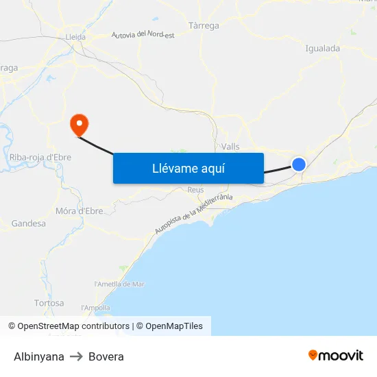Albinyana to Bovera map
