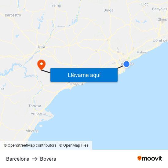 Barcelona to Bovera map