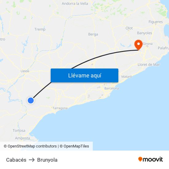 Cabacés to Brunyola map
