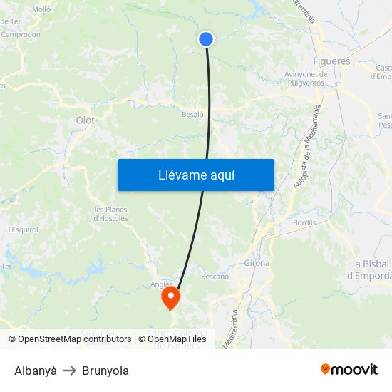 Albanyà to Brunyola map