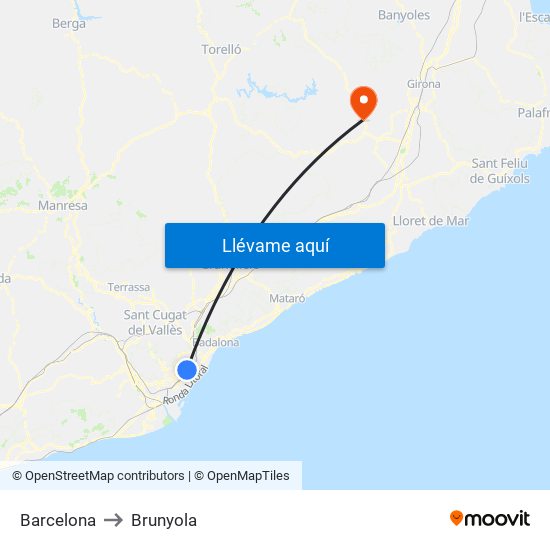 Barcelona to Brunyola map