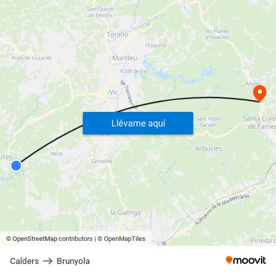 Calders to Brunyola map