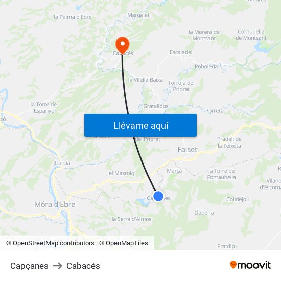 Capçanes to Cabacés map