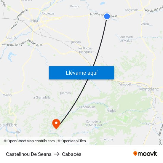 Castellnou De Seana to Cabacés map