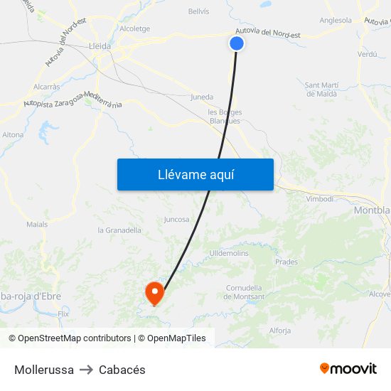 Mollerussa to Cabacés map