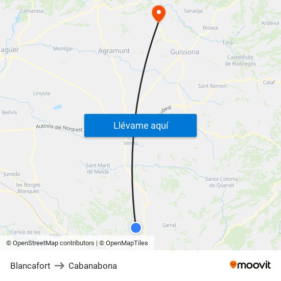 Blancafort to Cabanabona map