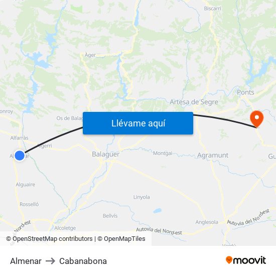 Almenar to Cabanabona map