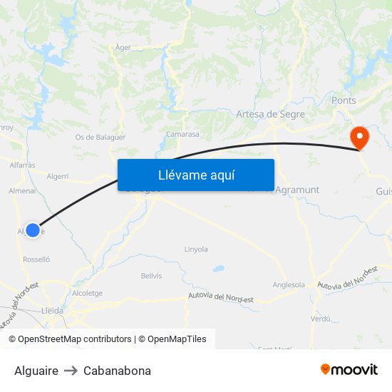 Alguaire to Cabanabona map