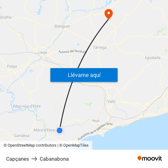 Capçanes to Cabanabona map