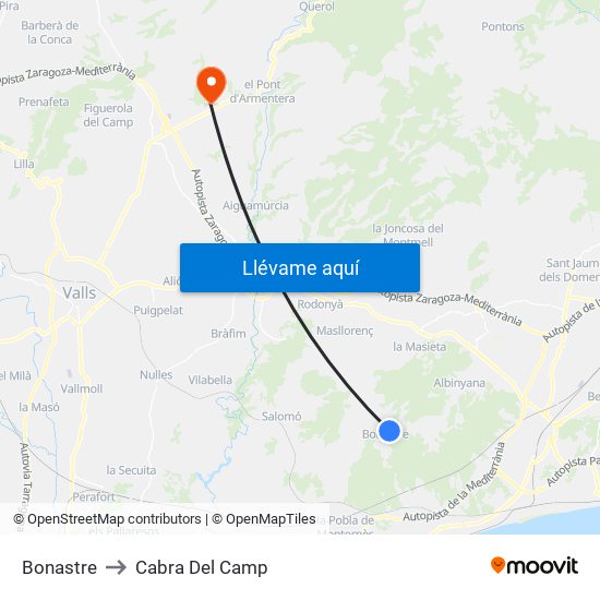Bonastre to Cabra Del Camp map