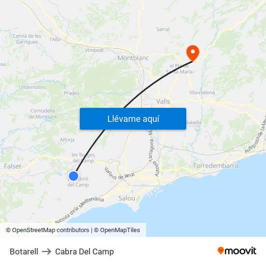 Botarell to Cabra Del Camp map