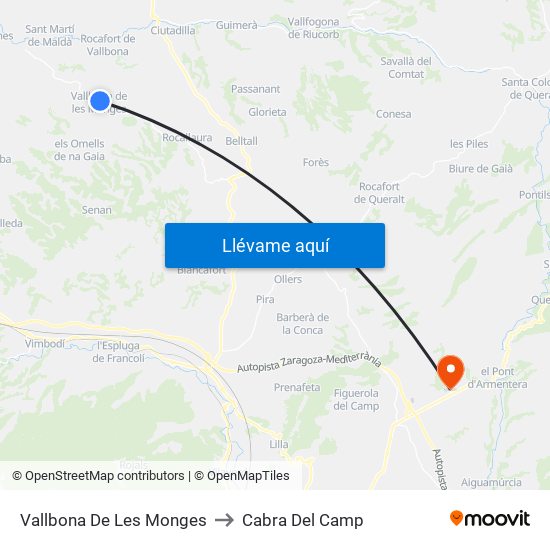 Vallbona De Les Monges to Cabra Del Camp map