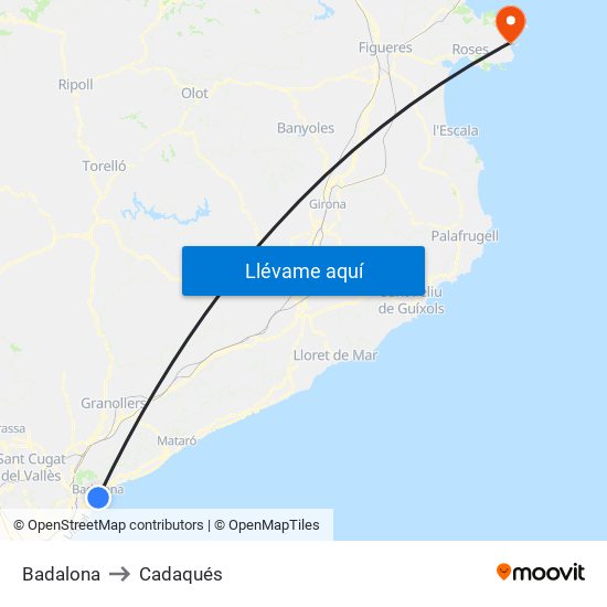 Badalona to Cadaqués map
