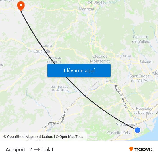 Aeroport T2 to Calaf map