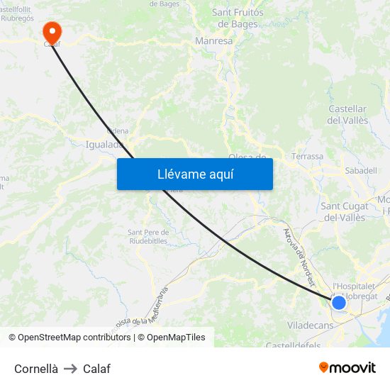 Cornellà to Calaf map