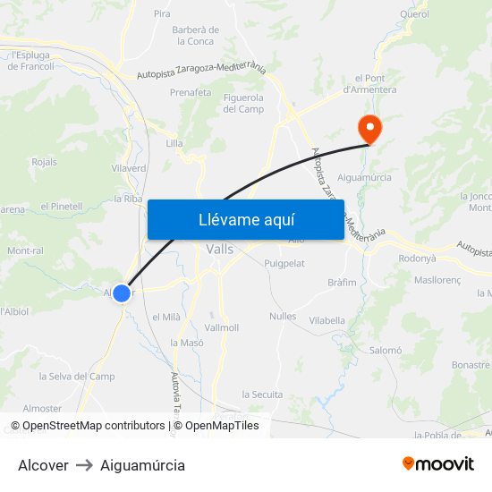 Alcover to Aiguamúrcia map