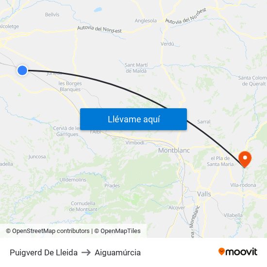 Puigverd De Lleida to Aiguamúrcia map