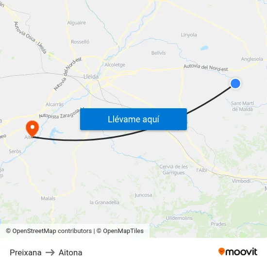 Preixana to Aitona map