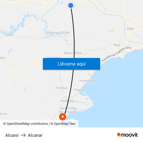Alcanó to Alcanar map