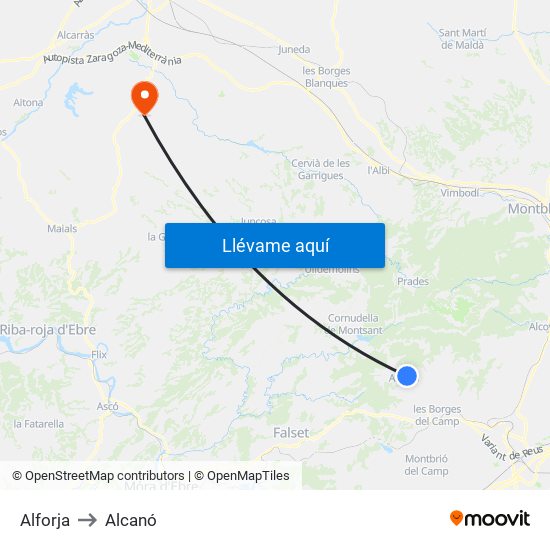 Alforja to Alcanó map