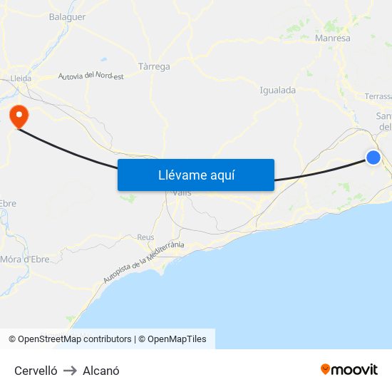 Cervelló to Alcanó map