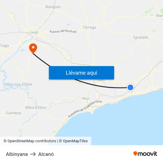 Albinyana to Alcanó map