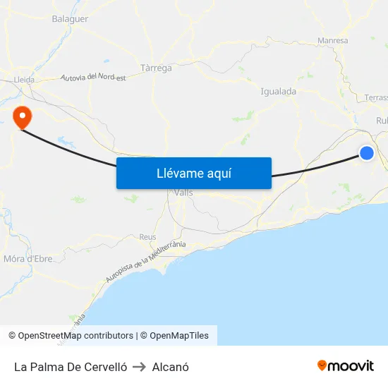 La Palma De Cervelló to Alcanó map