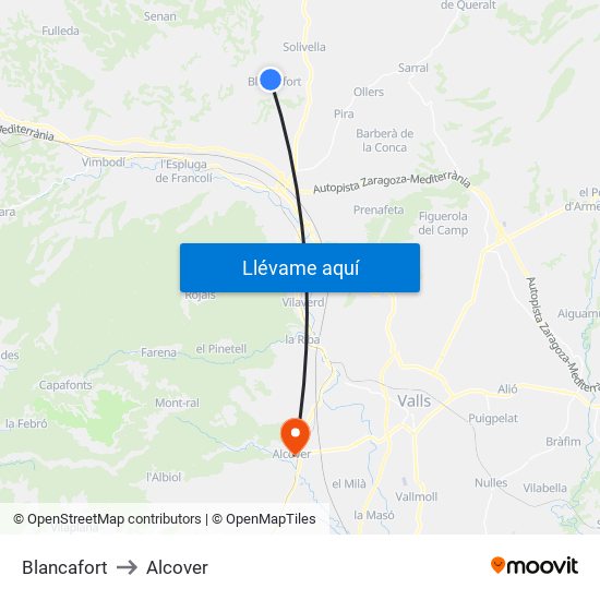 Blancafort to Alcover map