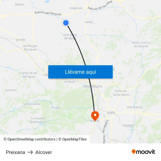 Preixana to Alcover map
