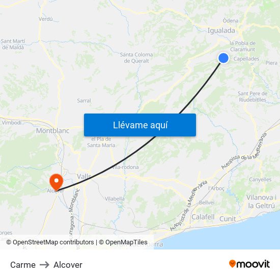 Carme to Alcover map