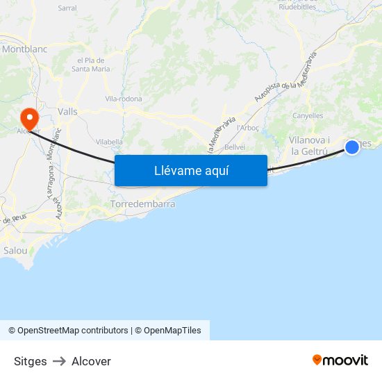 Sitges to Alcover map