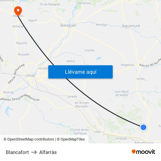 Blancafort to Alfarràs map