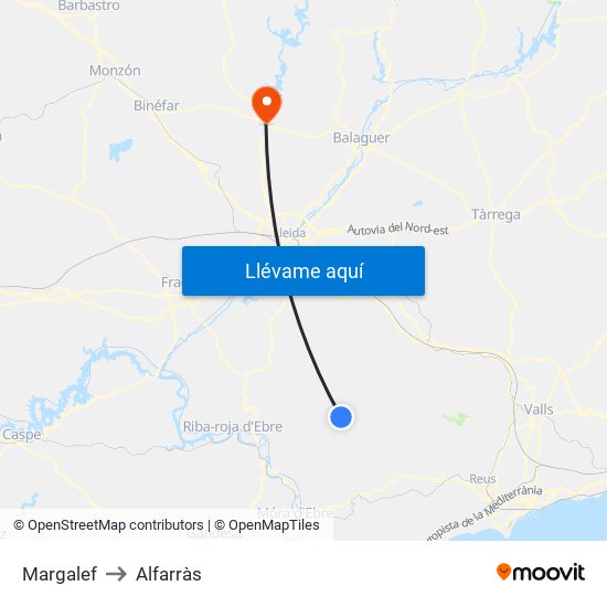 Margalef to Alfarràs map