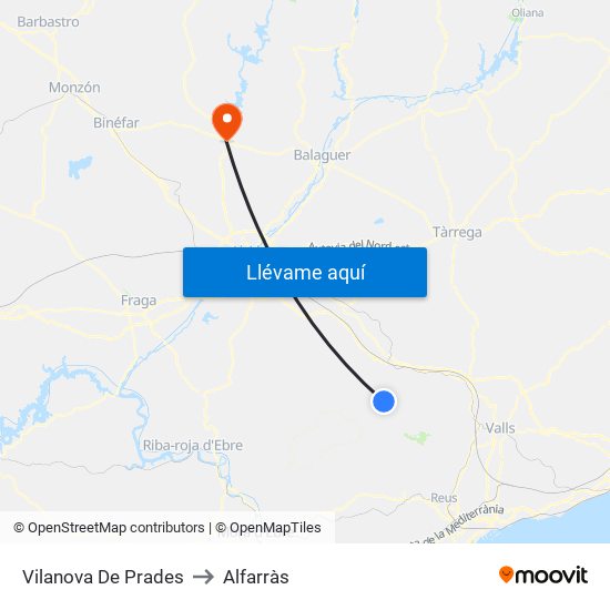 Vilanova De Prades to Alfarràs map