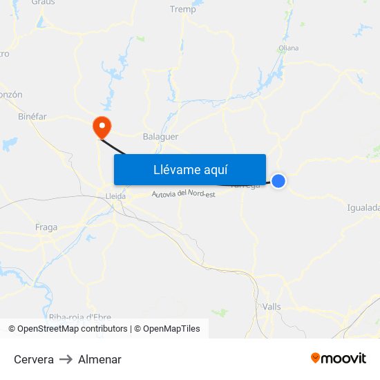 Cervera to Almenar map