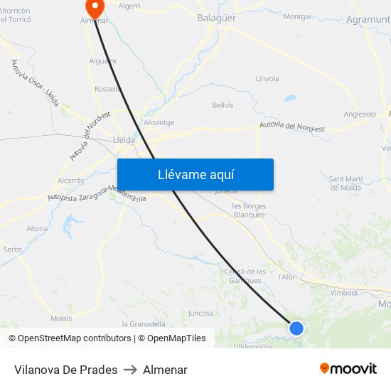 Vilanova De Prades to Almenar map